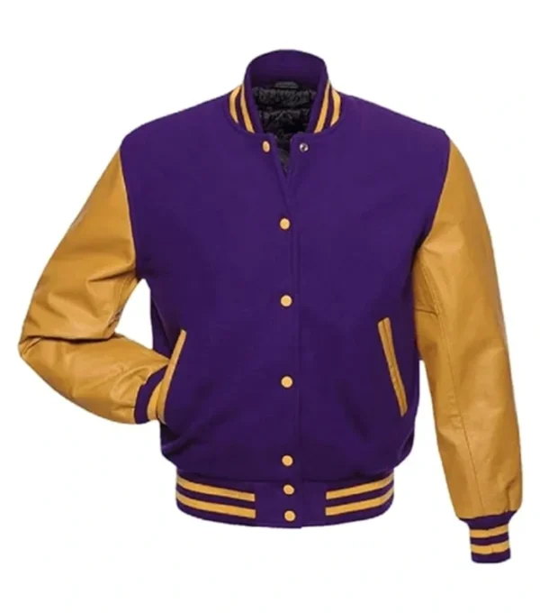 Purple Wool Varsity Jacket with Gold Sleeves Front