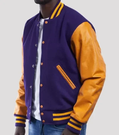 Purple Wool Varsity Jacket with Gold Sleeves Side Look