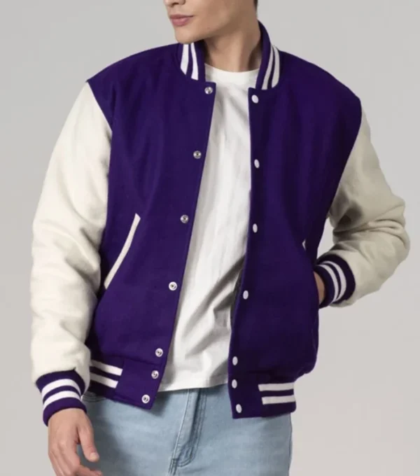 Purple Wool Varsity Jacket with White Sleeves