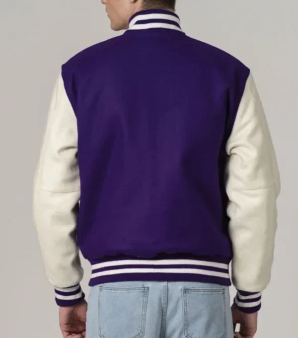 Purple Wool Varsity Jacket with White Sleeves Back