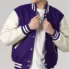 Purple Wool Varsity Jacket with White Sleeves Front