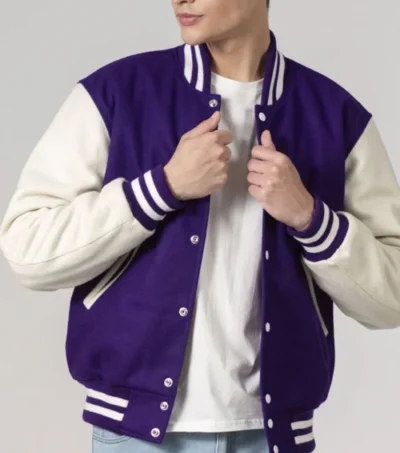 Purple Wool Varsity Jacket with White Sleeves Front