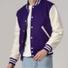 Purple Wool Varsity Jacket with White Sleeves Side Look