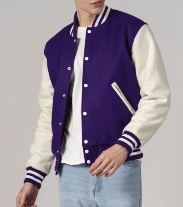 Purple Wool Varsity Jacket with White Sleeves Side Look