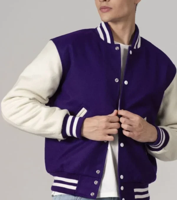 Purple Wool Varsity Jacket with White Sleeves on Sale