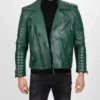 Quilted Arm Green Leather Biker Jacket