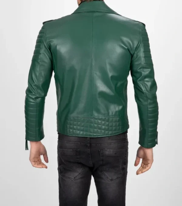 Quilted Arm Green Leather Biker Jacket Back