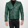Quilted Arm Green Leather Biker Jacket Front