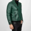 Quilted Arm Green Leather Biker Jacket Side Look
