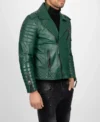 Quilted Arm Green Leather Biker Jacket Side Look