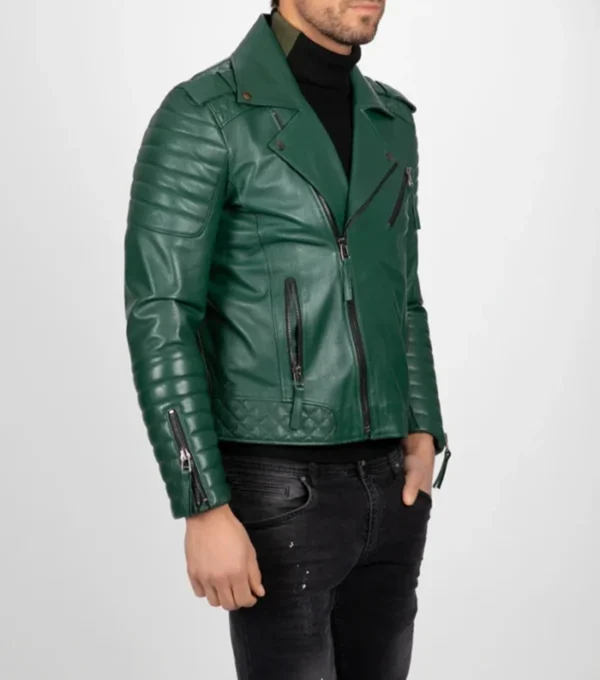 Quilted Arm Green Leather Biker Jacket Side Look
