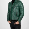 Quilted Arm Green Leather Biker Jacket on Sale