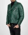 Quilted Arm Green Leather Biker Jacket on Sale