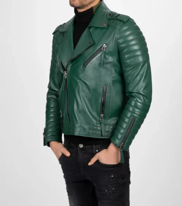 Quilted Arm Green Leather Biker Jacket on Sale