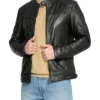 Quilted Shoulder Cafe Racer Jacket Black Leather