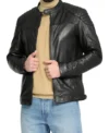 Quilted Shoulder Cafe Racer Jacket Black Leather