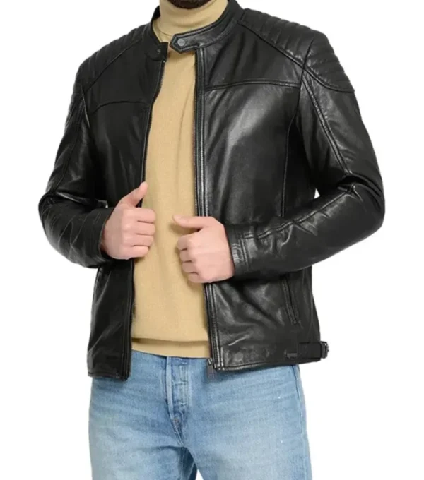 Quilted Shoulder Cafe Racer Jacket Black Leather