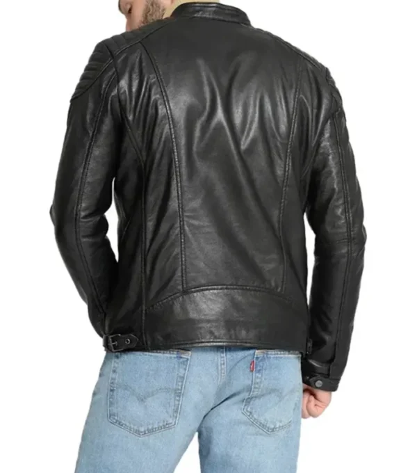 Quilted Shoulder Cafe Racer Jacket Black Leather Back