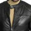 Quilted Shoulder Cafe Racer Jacket Black Leather Closer