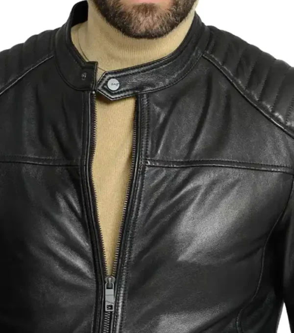 Quilted Shoulder Cafe Racer Jacket Black Leather Closer