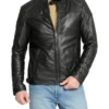 Quilted Shoulder Cafe Racer Jacket Black Leather Front