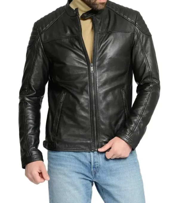 Quilted Shoulder Cafe Racer Jacket Black Leather Front