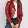 Red Biker Style Crop Leather Zipper Jacket
