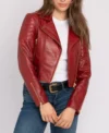 Red Biker Style Crop Leather Zipper Jacket
