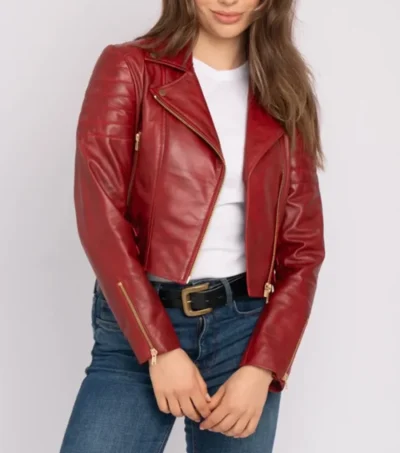 Red Biker Style Crop Leather Zipper Jacket