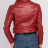Red Biker Style Crop Leather Zipper Jacket Back