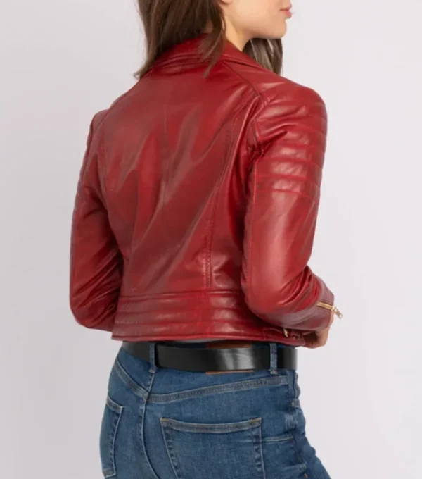 Red Biker Style Crop Leather Zipper Jacket Backs