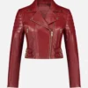 Red Biker Style Crop Leather Zipper Jacket Front