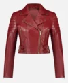 Red Biker Style Crop Leather Zipper Jacket Front