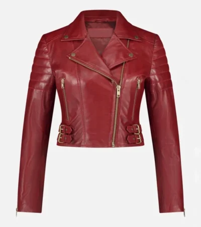Red Biker Style Crop Leather Zipper Jacket Front