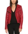 Red Biker Style Leather Belted Jacket