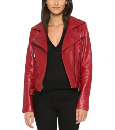 Red Biker Style Leather Belted Jacket
