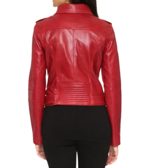 Red Biker Style Leather Belted Jacket Back