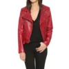 Red Biker Style Leather Belted Jacket Front