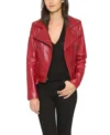 Red Biker Style Leather Belted Jacket Front