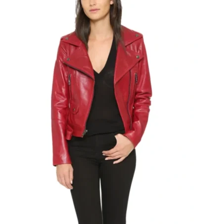 Red Biker Style Leather Belted Jacket Front