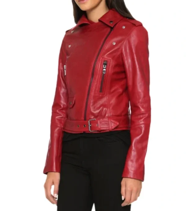 Red Biker Style Leather Belted Jacket Side Look