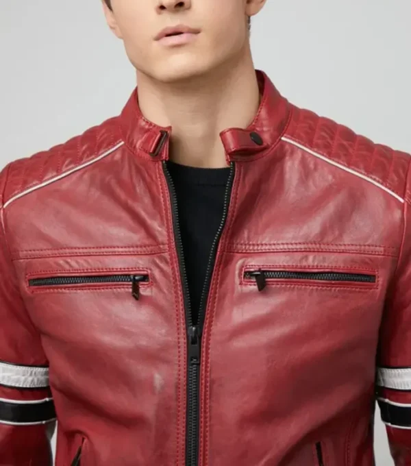 Red Cafe Racer Real Leather Jacket Zipper