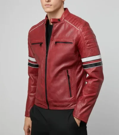 Red Cafe Racer Real Leather Jacket Side Look