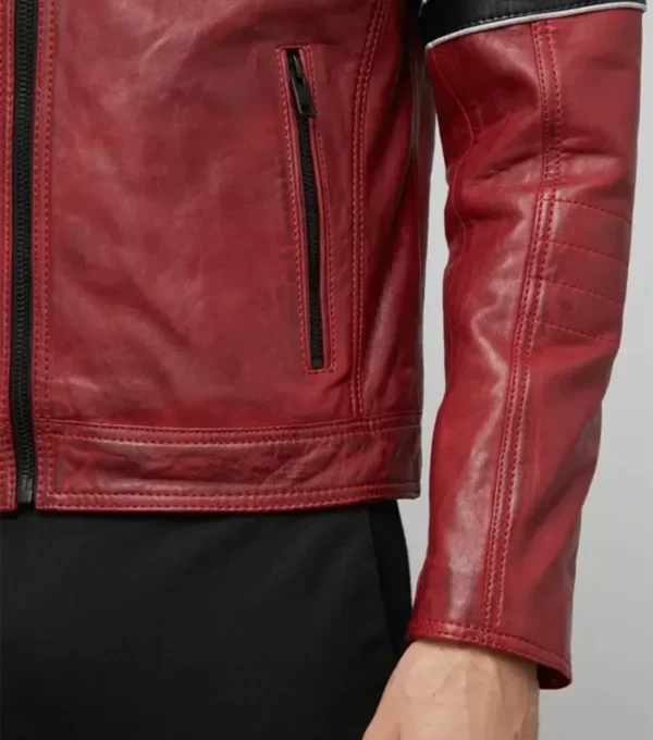Red Cafe Racer Real Leather Jacket Zipper
