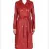 Red Double Breasted Leather Trench Coat