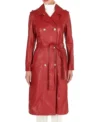 Red Double Breasted Leather Trench Coat