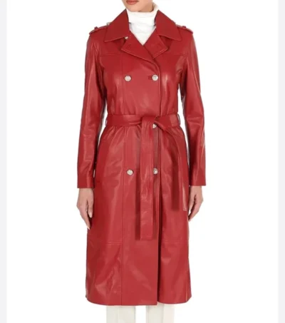 Red Double Breasted Leather Trench Coat