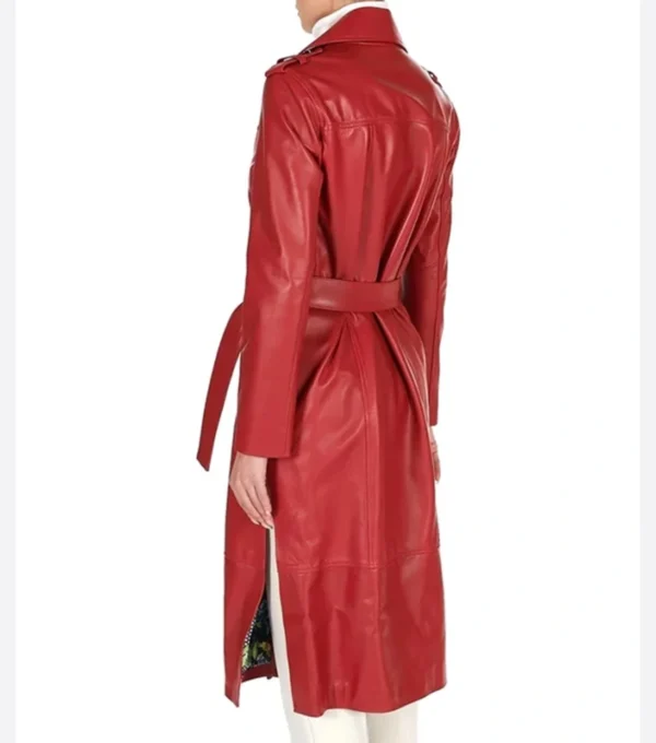 Red Double Breasted Leather Trench Coat Back