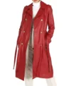 Red Double Breasted Leather Trench Coat Front