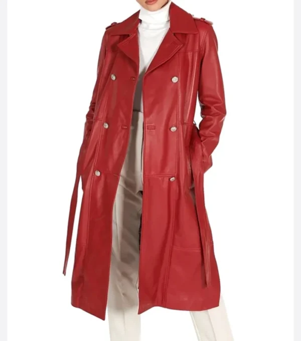 Red Double Breasted Leather Trench Coat Front